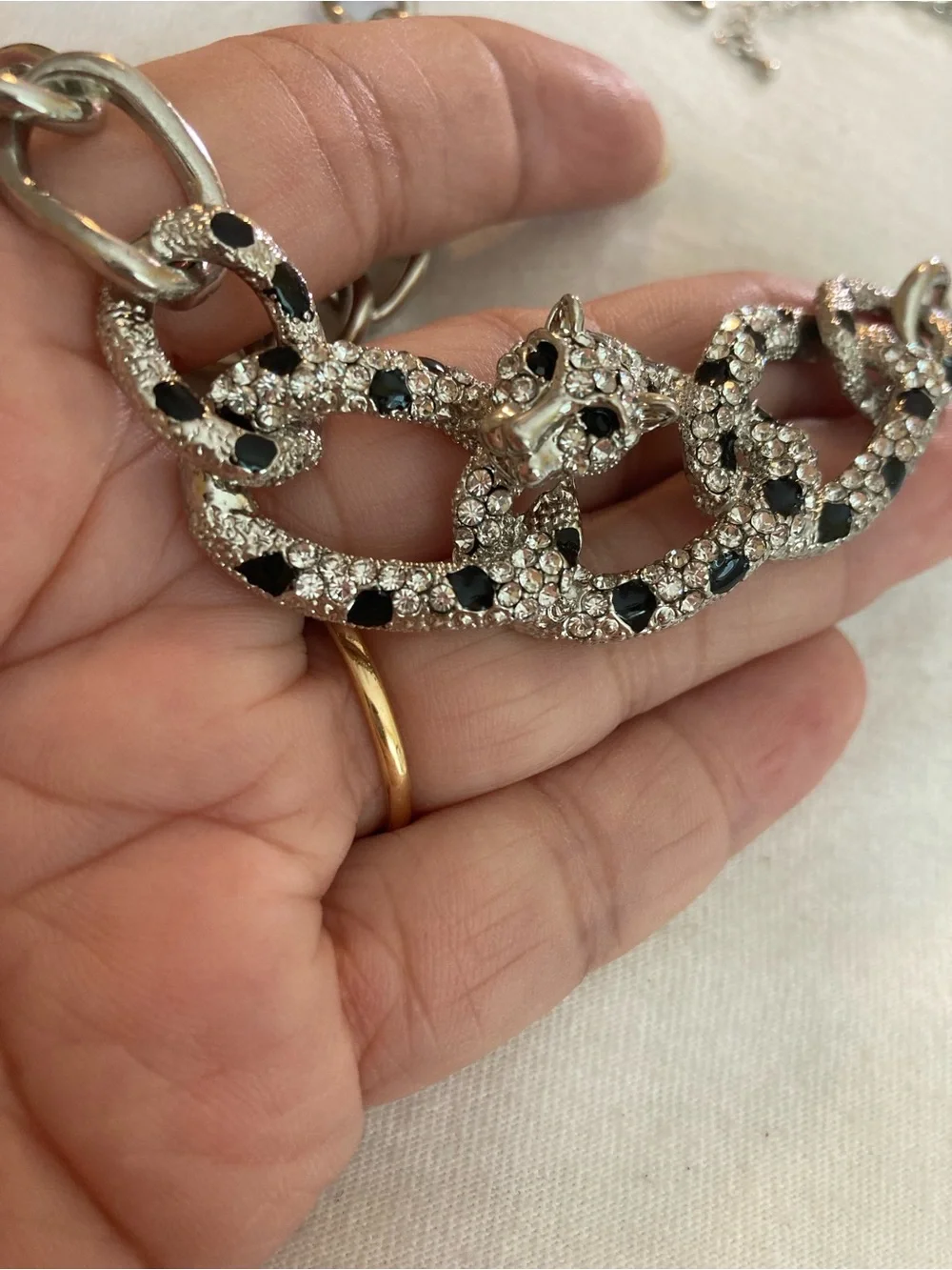 Panther Animal Big Cat Silver Tone Necklace Clear & Black Stones